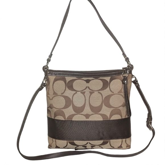 Authentic COACH F13674 Signature Crossbody Shoulder Bag Brown Canvas Leather - Picture 2 of 15